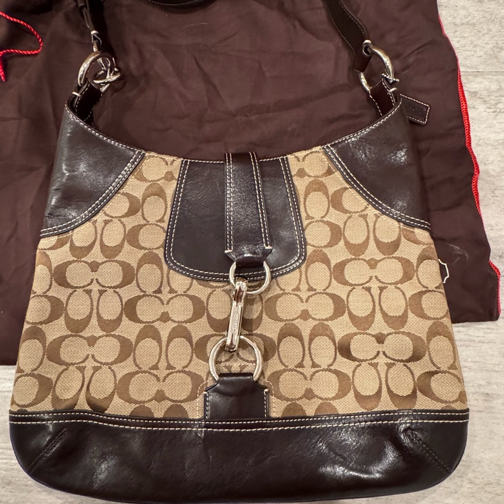 Coach Brown and Black Signature Shoulder Bag